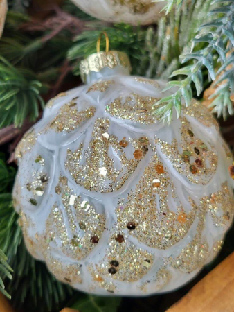 Christbaumkugel Pompös, Blätter weiß-gold-Glitzer