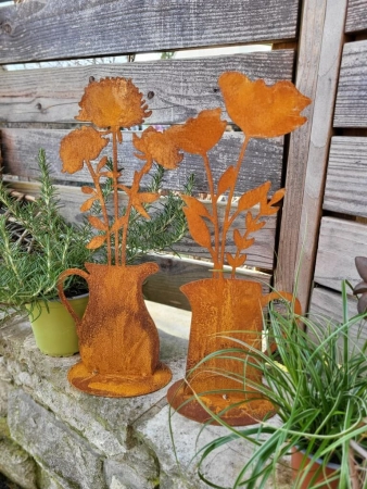 Edelrost 2er Set Blumen im Krug, auf Platte