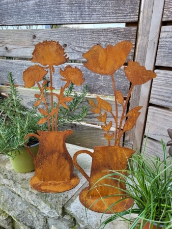 Edelrost 2er Set Blumen im Krug, auf Platte