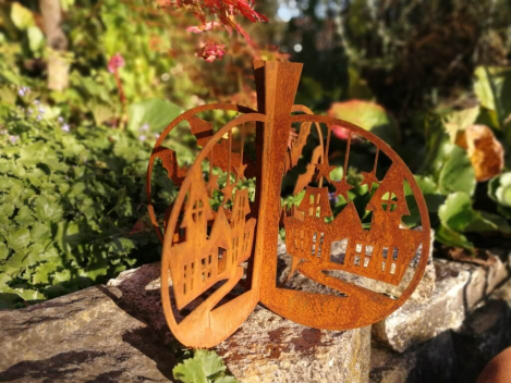 Preview: Edelrost Halloween Kürbis 3D, mit Fledermäusen