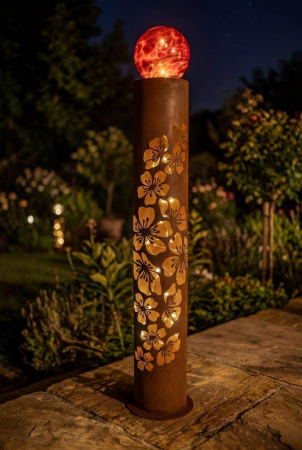 Preview: Edelrost Solarsäule Blossom mit Glaskugel