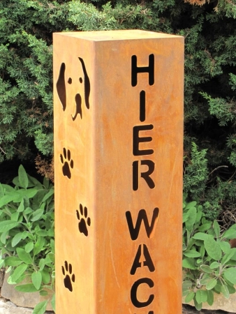 Edelrost Dekosäule Hier wache ich mit Hundekopf mit Pfoten