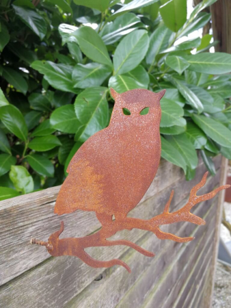 Preview: Edelrost Eule Sid auf Ast, zum Schrauben