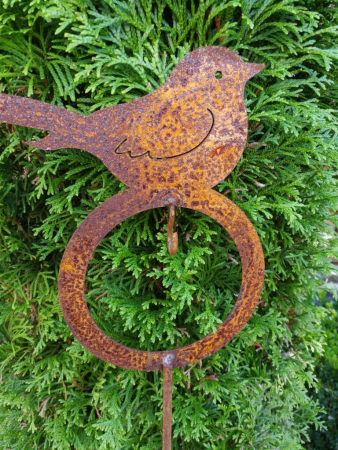 Preview: Edelrost Gartenstecker Futterstation Vogel Meli, Schwanz oben