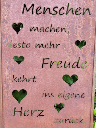 Preview: Edelrost Gartenschild Je mehr Freude