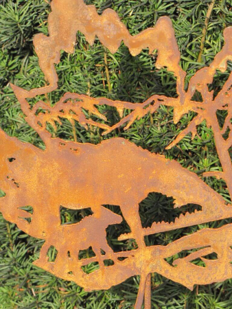 Preview: Edelrost Gartenstecker Ahornblatt Pferd mit Fohlen