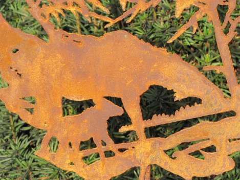 Preview: Edelrost Gartenstecker Ahornblatt Pferd mit Fohlen