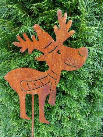 Preview: Edelrost Gartenstecker Elch mit Schal