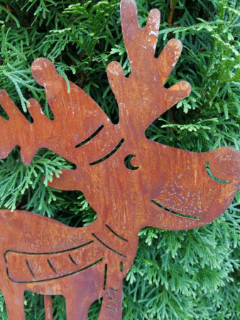 Preview: Edelrost Gartenstecker Elch mit Schal