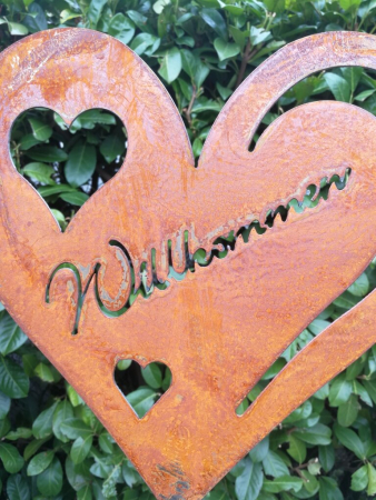 Preview: Edelrost Gartenstecker Herz Willkommen