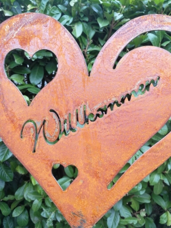Edelrost Gartenstecker Herz Willkommen