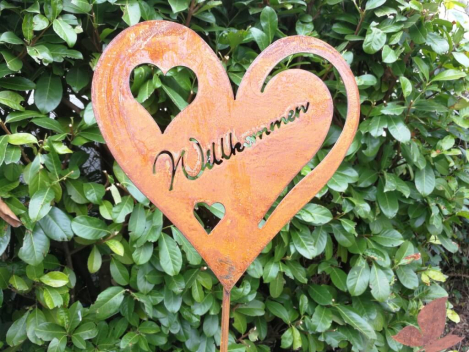 Preview: Edelrost Gartenstecker Herz Willkommen