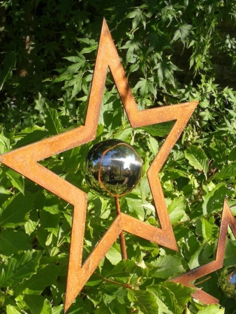 Edelrost Gartenstecker Stern mit Edelstahlkugel