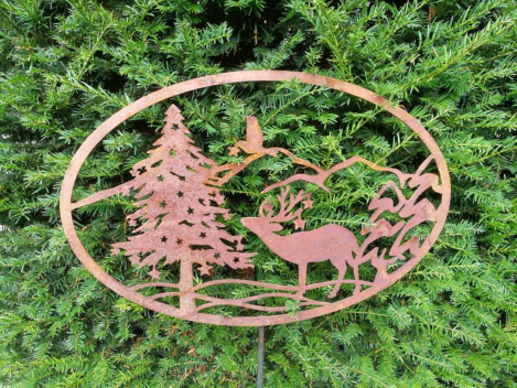 Edelrost Gartenstecker Wandbild Winterlandschaft Hirsch