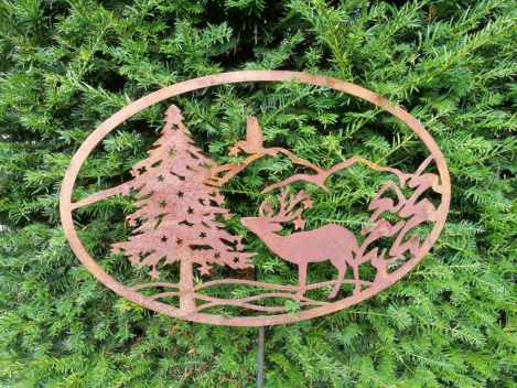 Edelrost Gartenstecker oder Wandbild Winterlandschaft Hirsch