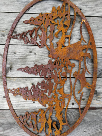 Preview: Edelrost Gartenstecker Wandbild Winterlandschaft Mädchen mit Hund