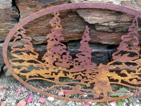 Edelrost Gartenstecker oder Wandbild Winterlandschaft Mädchen mit Hund