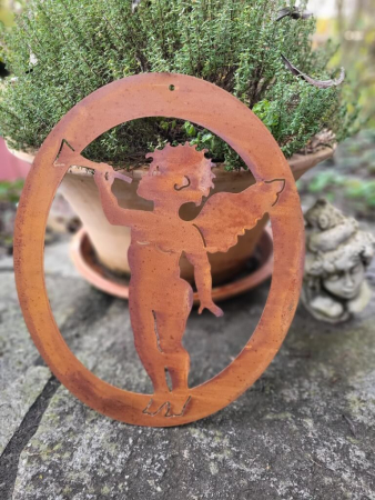 Preview: Edelrost Engel im Rahmen, mit Trompete