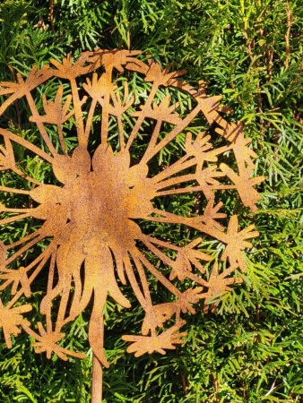 Edelrost Pusteblume mit Blätten, flach ausgeschnitten