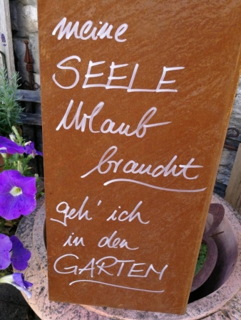 Edelrost Schild mit Ginkgo "Garten - Seele", hoch