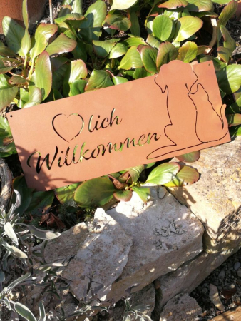 Edelrost Spruchschild Tierisches Willkommen