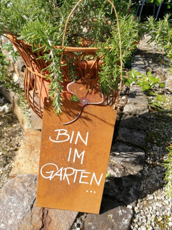 Edelrost Schild mit Ginkgo "Bin im Garten"