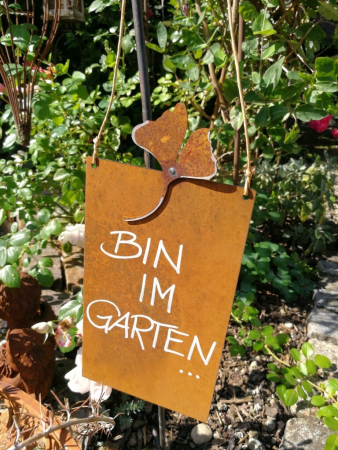 Edelrost Schild mit Ginkgo "Bin im Garten"