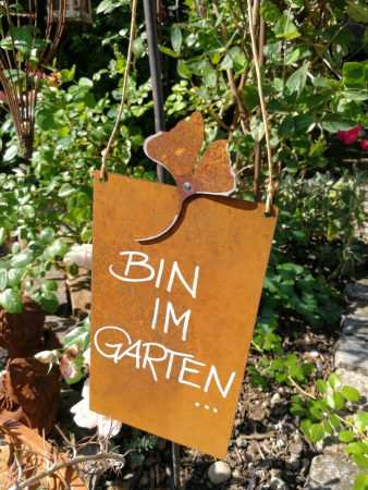 Edelrost Schild mit Ginkgo "Bin im Garten"