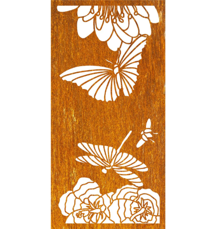 Edelrost Sichtschutzwand Libelle mit Blumen