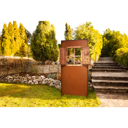 Preview: Edelrost Sichtschutzwand Fenster mit Holzläden ohne Motiv