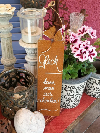Edelrost Schild mit Ginkgo "Glück kann man sich schenken"
