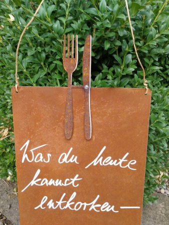 Edelrost Schild mit Besteck Entkorken