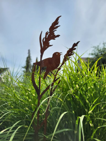 Preview: Edelrost Gartenstecker Teichrohrsänger an Schilfgras