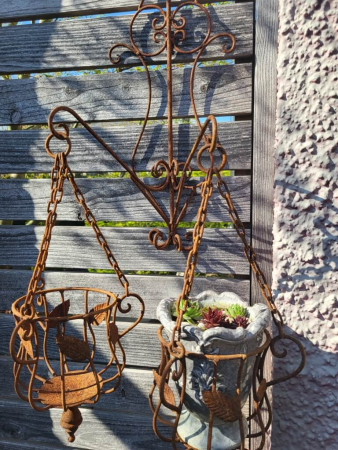 Preview: Edelrost Wandhalterung mit zwei Hängekörbe