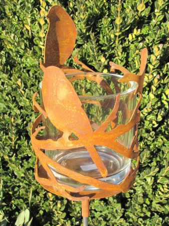 Edelrost Gartenstecker Windlicht Vögel mit Glaseinsatz