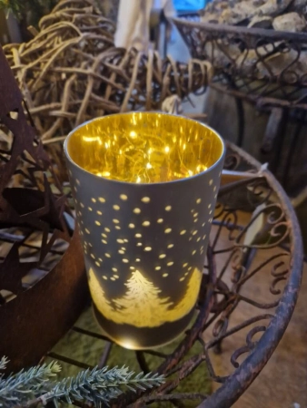 LED Windlicht Winter, grau-gold