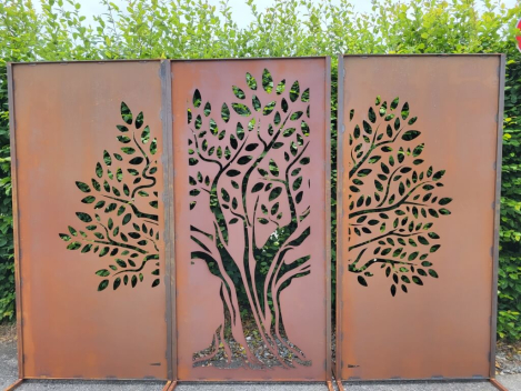 Preview: Edelrost Sichtschutzwand Baum, 3-teilig