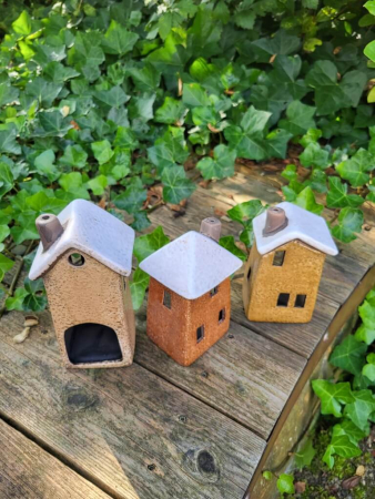 Preview: Keramik Windlicht Häuser mit Flachdach, 3er-Set