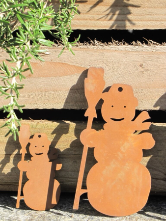Preview: Edelrost Christbaumschmuck Schneemann mit Besen, 3 Größen