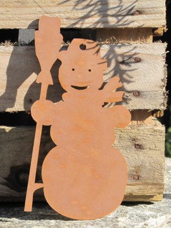 Preview: Edelrost Christbaumschmuck Schneemann mit Besen, 3 Größen