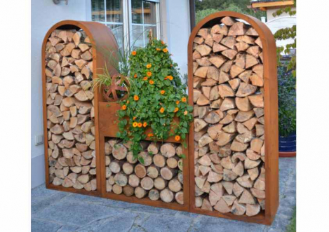 Kaminholzregale aus Metall und Edelrost Angels Garden