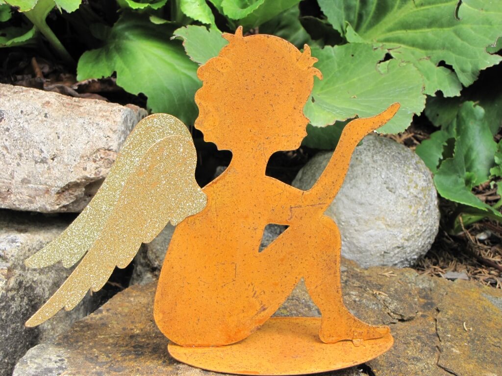 Dekoengel sitzend, Hand offen, RostGold Angels Garden