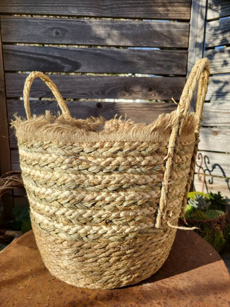 Boho Rohrkolbenkorb Melania mit Fransen, zum Bepflanzen