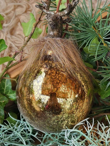 Weihnachtskugel Hirsch mit Fell, gold