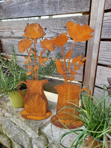 Edelrost 2er Set Blumen im Krug, auf Platte