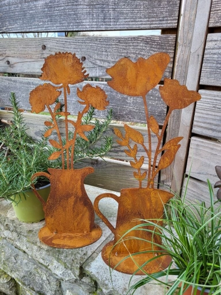 Edelrost 2er Set Blumen im Krug, auf Platte