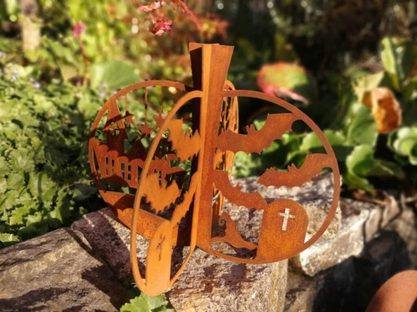 Edelrost Halloween Kürbis 3D, mit Fledermäusen
