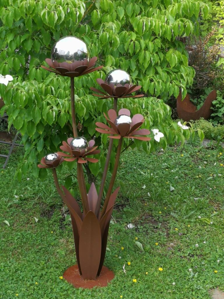 Edelrost Blume Blumenzauber mit Edelstahlkugeln, 120 cm