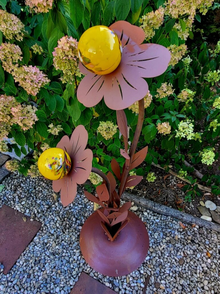 Edelrost Glasblume Sophia, 2 Blüten, gelbe Kugeln