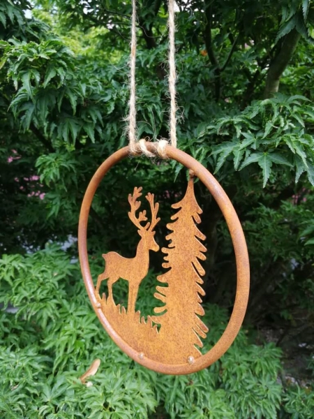 Edelrost Dekohänger Hirsch mit Baum, Kopf vorne